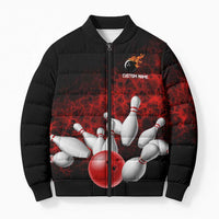 Red Bowling Ball and Pins Design Bomber Puffer Jacket with Fiery Smoke Background and Custom Team Name Text - Wonder Print Shop