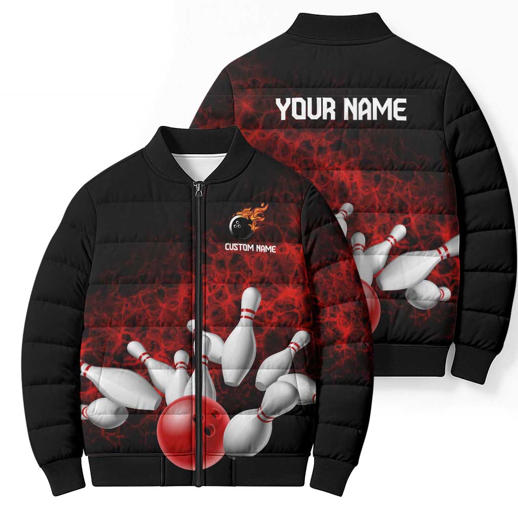 Red Bowling Ball and Pins Design Bomber Puffer Jacket with Fiery Smoke Background and Custom Team Name Text - Wonder Print Shop