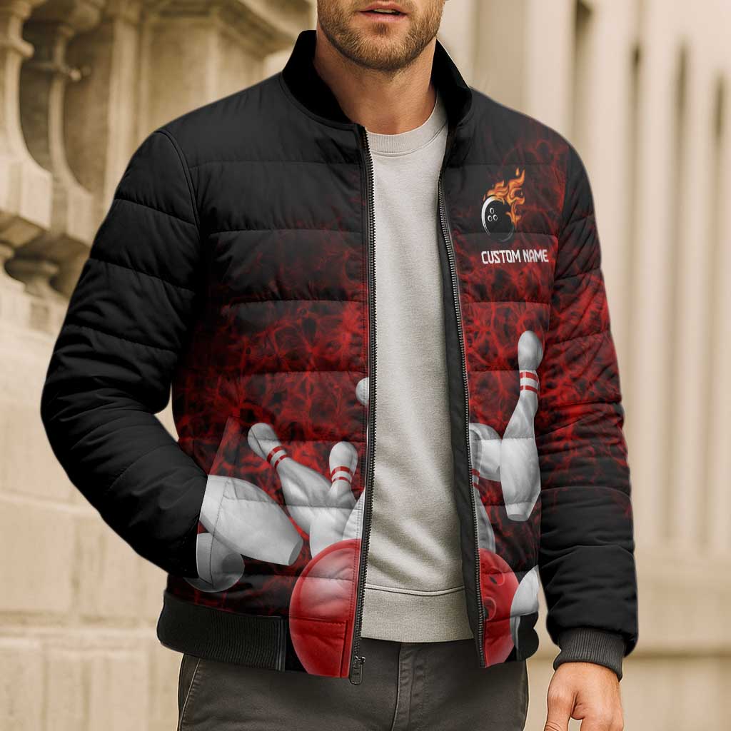 Red Bowling Ball and Pins Design Bomber Puffer Jacket with Fiery Smoke Background and Custom Team Name Text - Wonder Print Shop