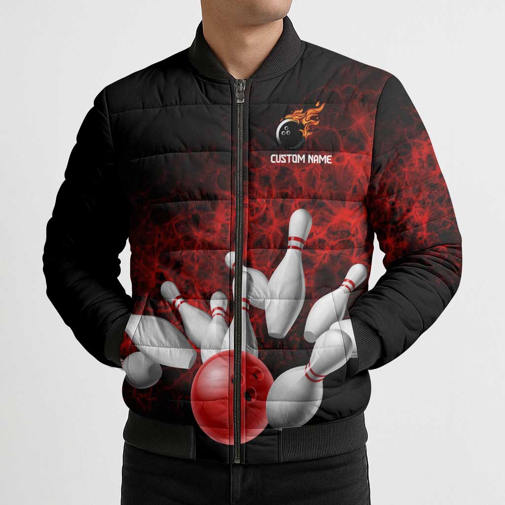 Red Bowling Ball and Pins Design Bomber Puffer Jacket with Fiery Smoke Background and Custom Team Name Text - Wonder Print Shop