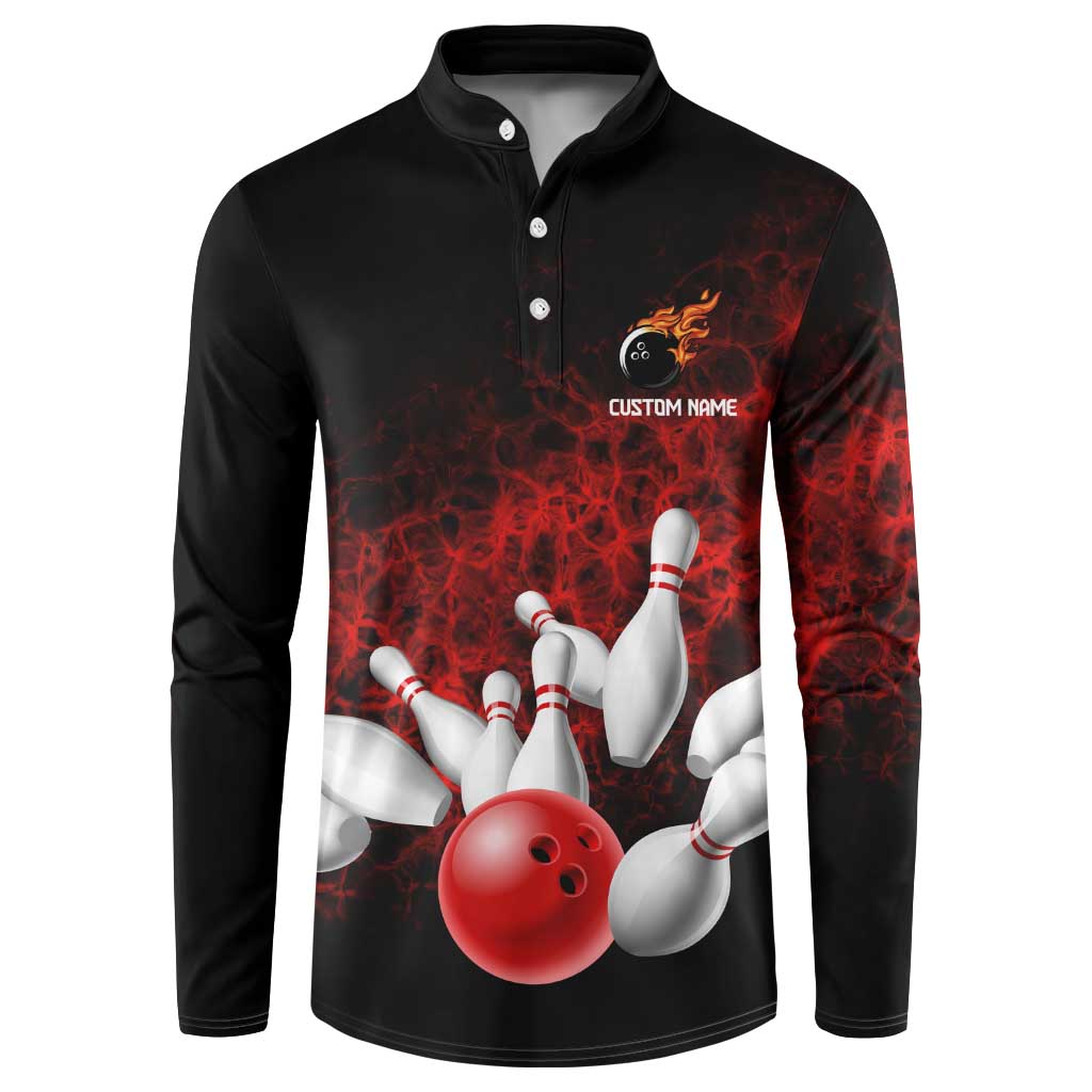 Red Bowling Ball and Pins Design Button Sweatshirt with Fiery Smoke Background and Custom Team Name Text - Wonder Print Shop