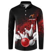 Red Bowling Ball and Pins Design Button Sweatshirt with Fiery Smoke Background and Custom Team Name Text - Wonder Print Shop