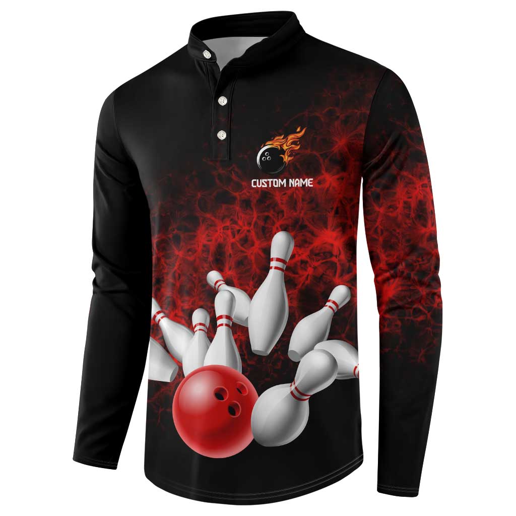 Red Bowling Ball and Pins Design Button Sweatshirt with Fiery Smoke Background and Custom Team Name Text - Wonder Print Shop