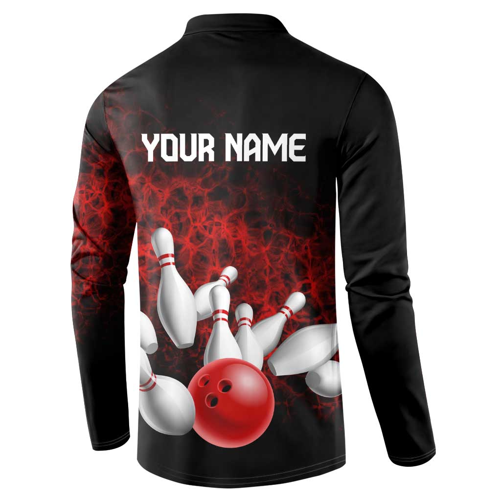 Red Bowling Ball and Pins Design Button Sweatshirt with Fiery Smoke Background and Custom Team Name Text - Wonder Print Shop