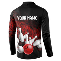 Red Bowling Ball and Pins Design Button Sweatshirt with Fiery Smoke Background and Custom Team Name Text - Wonder Print Shop
