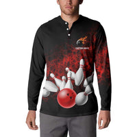 Red Bowling Ball and Pins Design Button Sweatshirt with Fiery Smoke Background and Custom Team Name Text - Wonder Print Shop