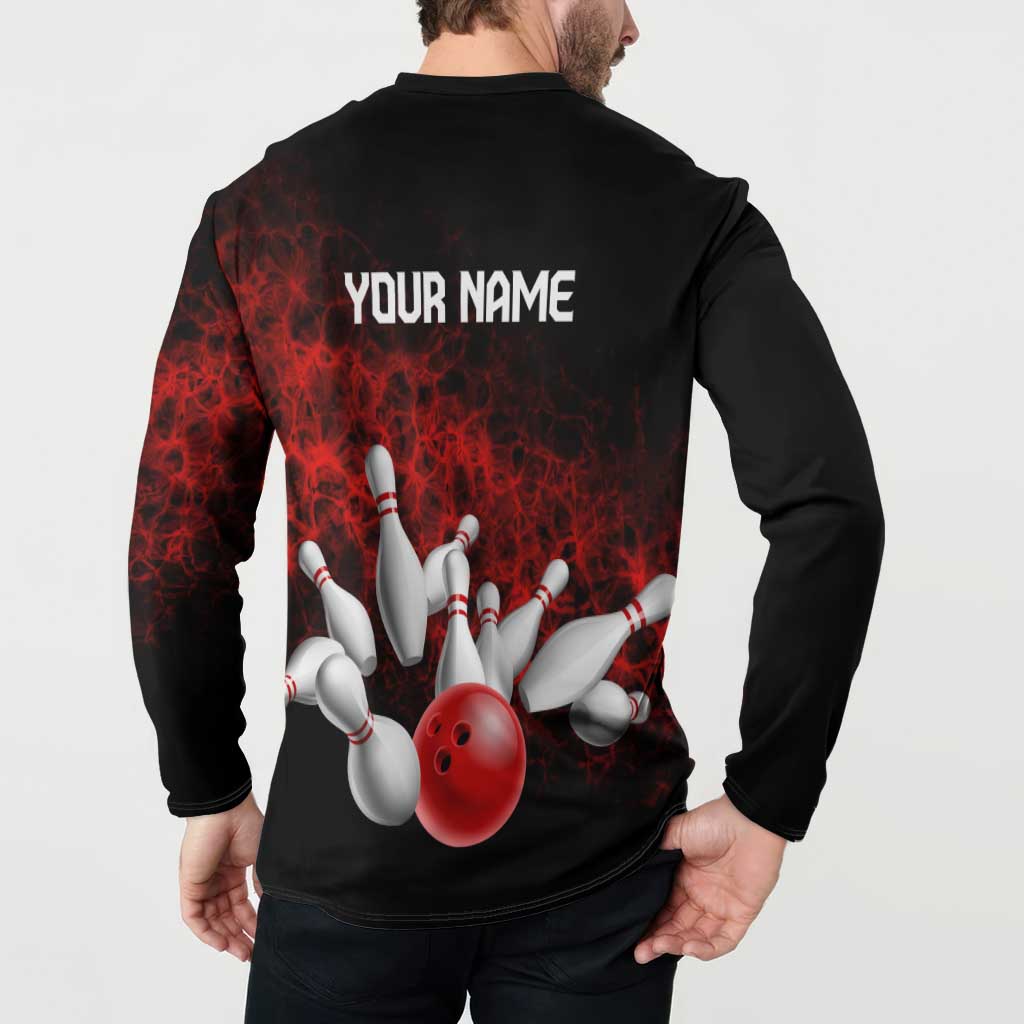 Red Bowling Ball and Pins Design Button Sweatshirt with Fiery Smoke Background and Custom Team Name Text - Wonder Print Shop