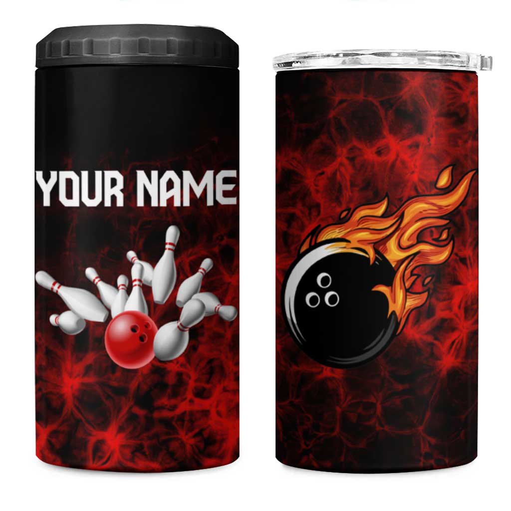Red Bowling Ball and Pins Design 4 in 1 Can Cooler Tumbler with Fiery Smoke Background and Custom Team Name Text - Wonder Print Shop