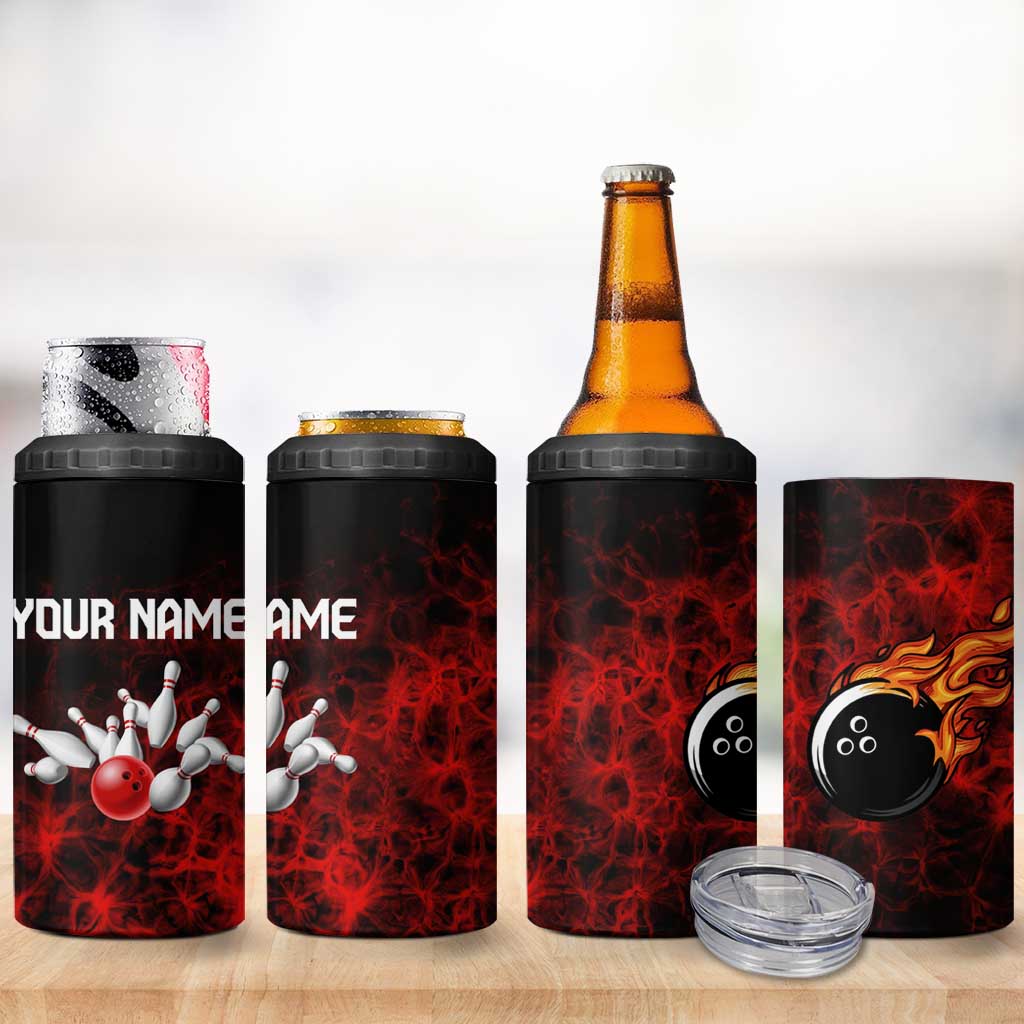 Red Bowling Ball and Pins Design 4 in 1 Can Cooler Tumbler with Fiery Smoke Background and Custom Team Name Text - Wonder Print Shop