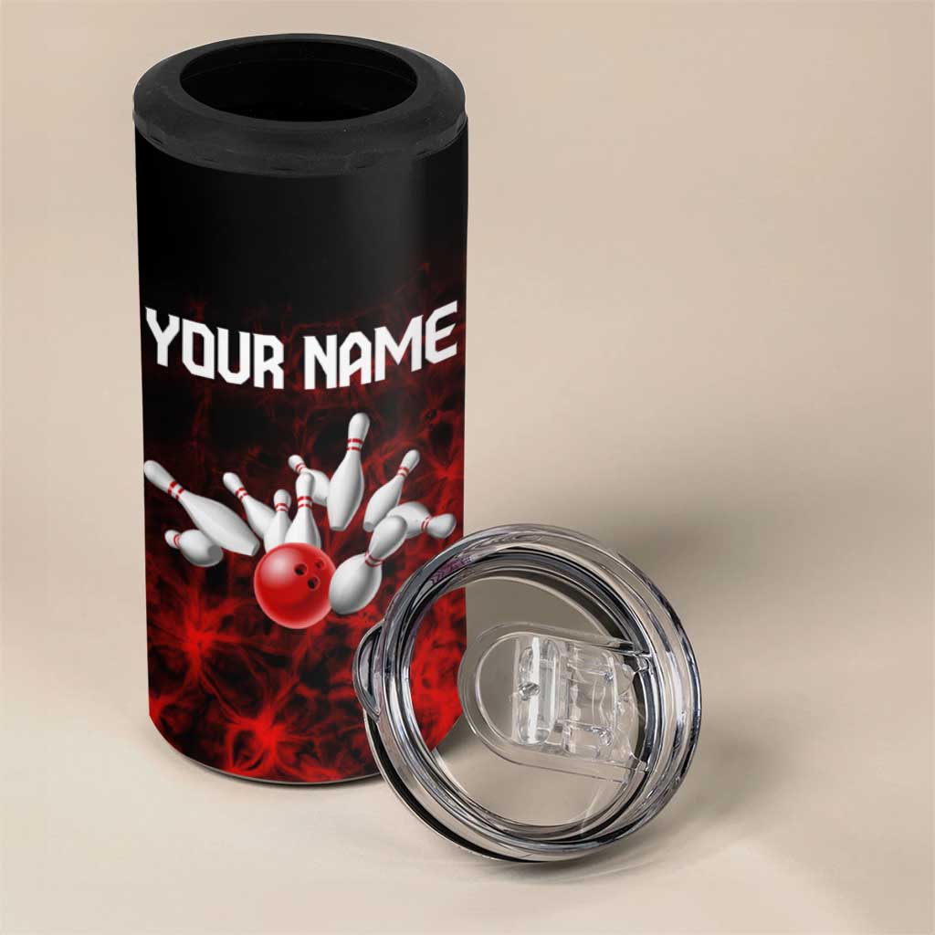 Red Bowling Ball and Pins Design 4 in 1 Can Cooler Tumbler with Fiery Smoke Background and Custom Team Name Text - Wonder Print Shop