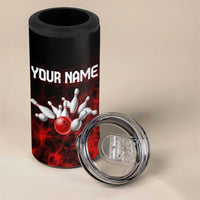 Red Bowling Ball and Pins Design 4 in 1 Can Cooler Tumbler with Fiery Smoke Background and Custom Team Name Text - Wonder Print Shop