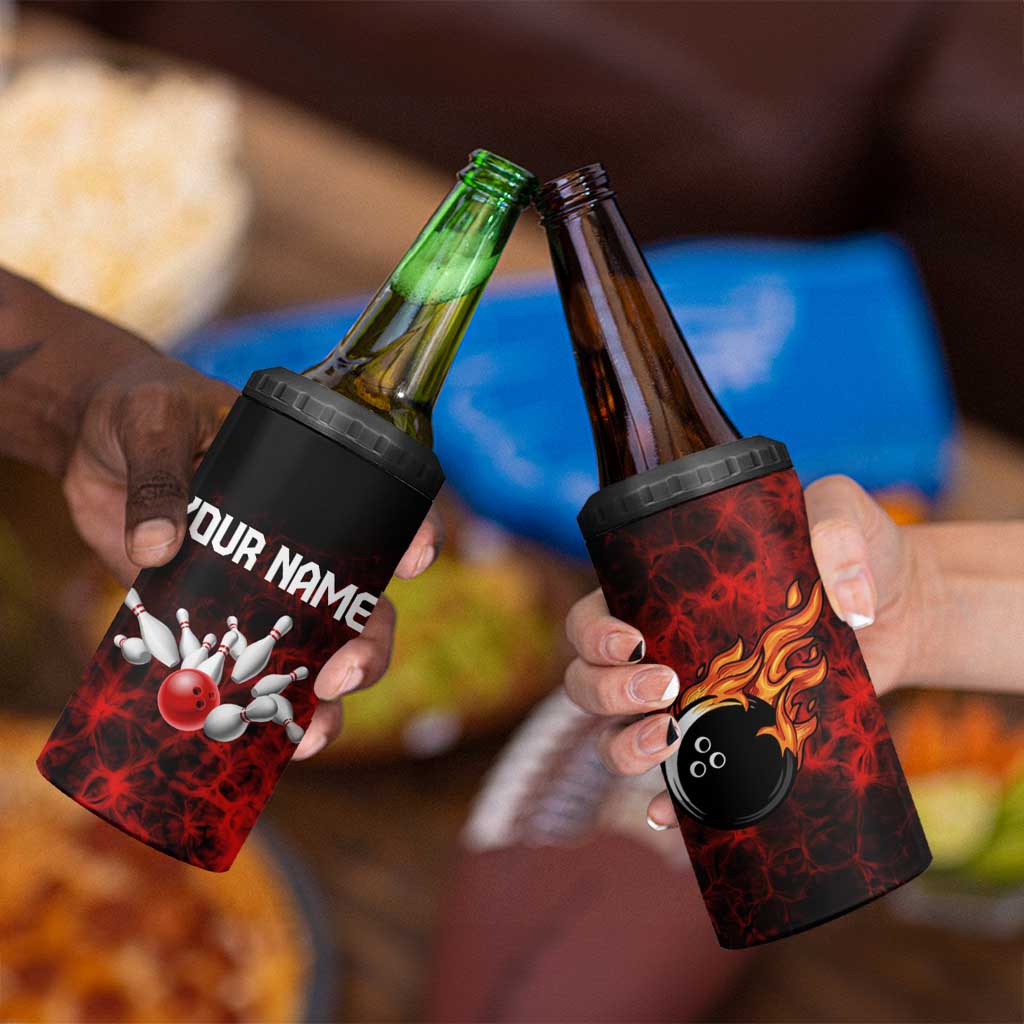 Red Bowling Ball and Pins Design 4 in 1 Can Cooler Tumbler with Fiery Smoke Background and Custom Team Name Text - Wonder Print Shop