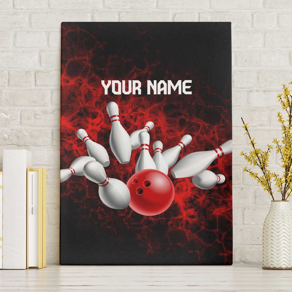Red Bowling Ball and Pins Design Canvas Wall Art with Fiery Smoke Background and Custom Team Name Text - Wonder Print Shop