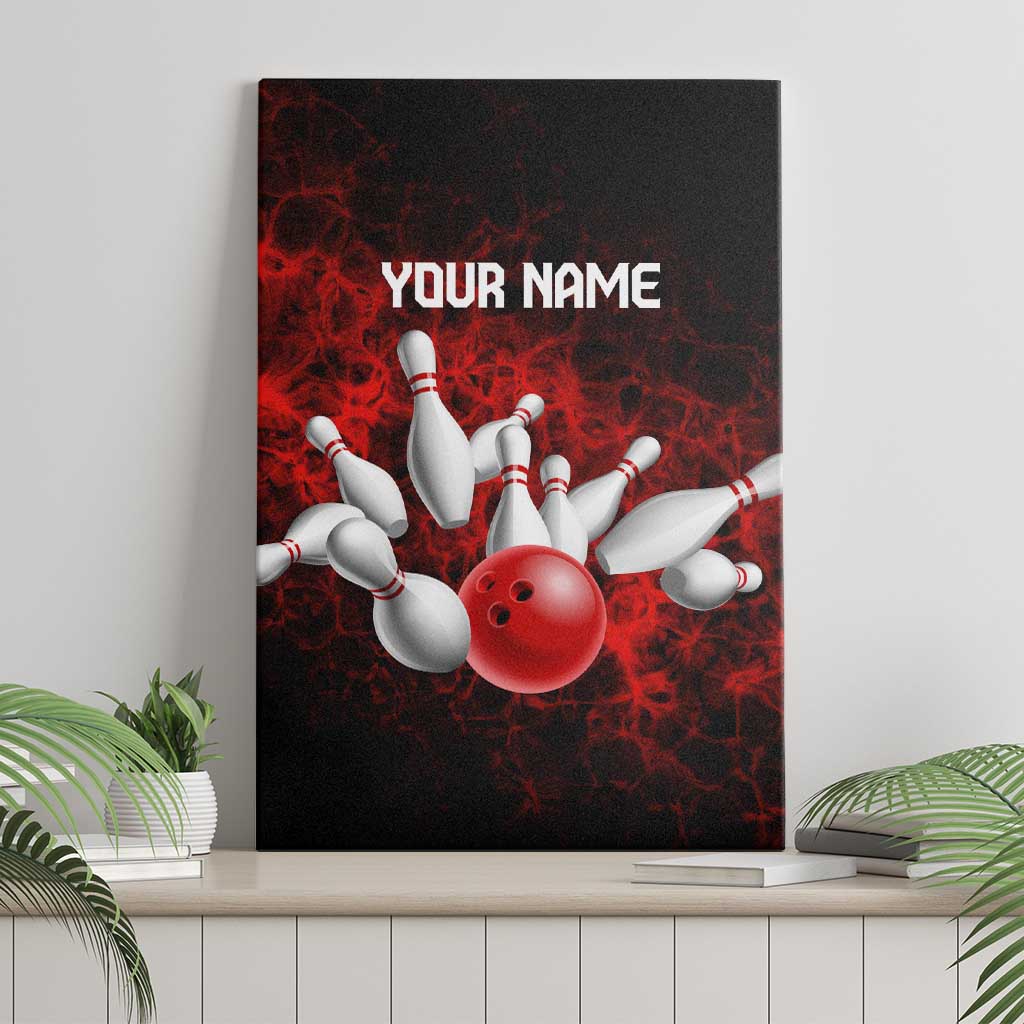 Red Bowling Ball and Pins Design Canvas Wall Art with Fiery Smoke Background and Custom Team Name Text - Wonder Print Shop