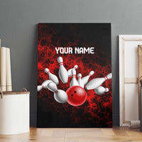 Red Bowling Ball and Pins Design Canvas Wall Art with Fiery Smoke Background and Custom Team Name Text - Wonder Print Shop