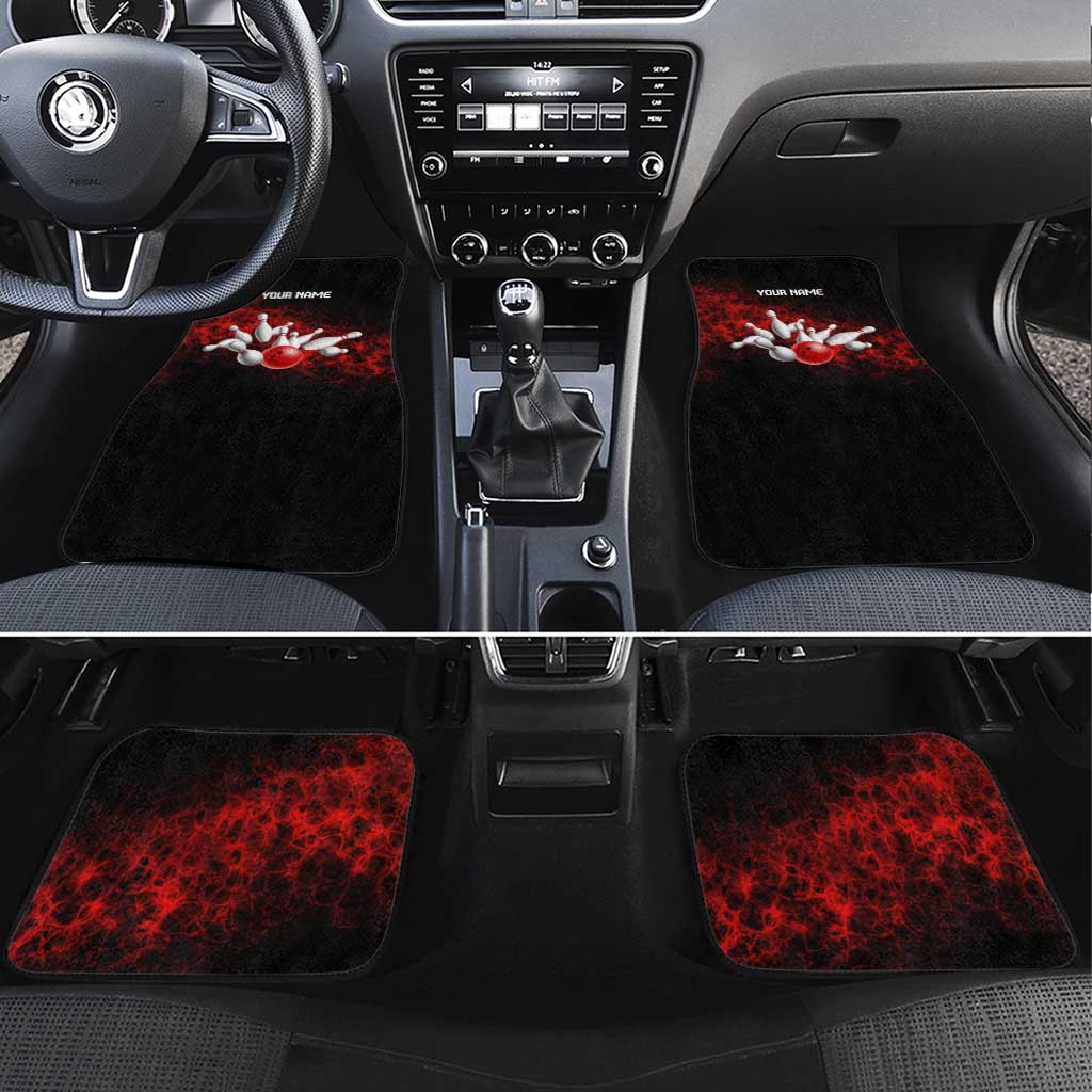 Red Bowling Ball and Pins Design Car Mats with Fiery Smoke Background and Custom Team Name Text - Wonder Print Shop