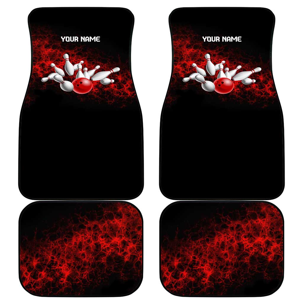 Red Bowling Ball and Pins Design Car Mats with Fiery Smoke Background and Custom Team Name Text - Wonder Print Shop