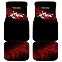 Red Bowling Ball and Pins Design Car Mats with Fiery Smoke Background and Custom Team Name Text - Wonder Print Shop