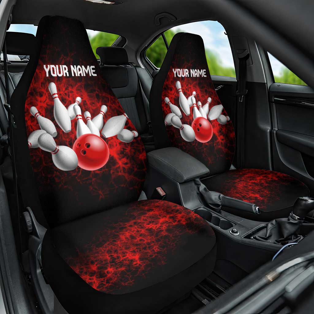 Red Bowling Ball and Pins Design Car Seat Cover with Fiery Smoke Background and Custom Team Name Text - Wonder Print Shop