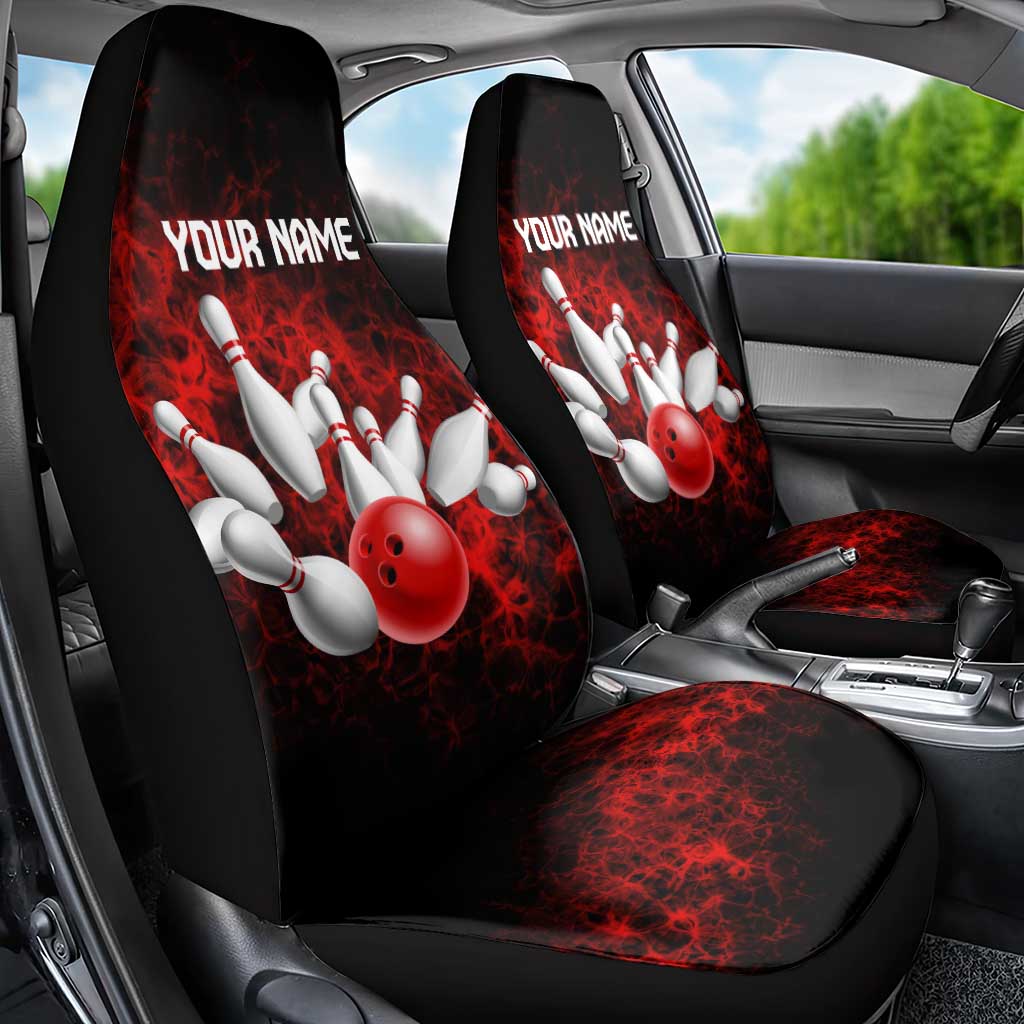 Red Bowling Ball and Pins Design Car Seat Cover with Fiery Smoke Background and Custom Team Name Text - Wonder Print Shop