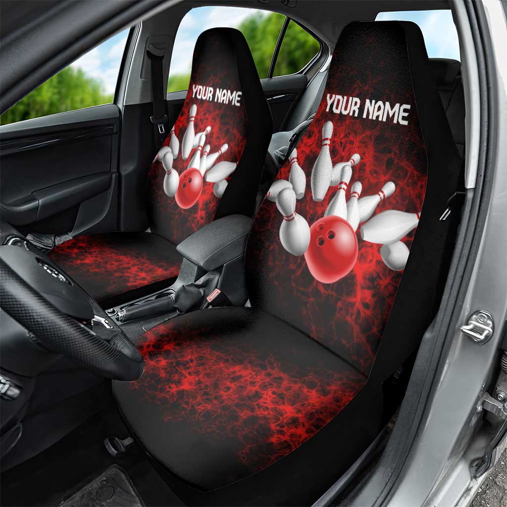 Red Bowling Ball and Pins Design Car Seat Cover with Fiery Smoke Background and Custom Team Name Text - Wonder Print Shop