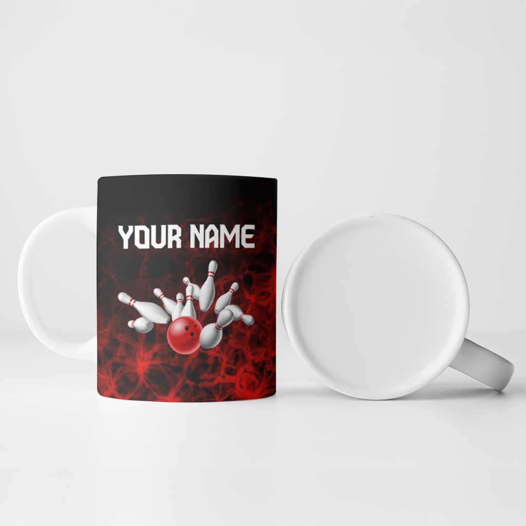 Red Bowling Ball and Pins Design Ceramic Mug with Fiery Smoke Background and Custom Team Name Text - Wonder Print Shop