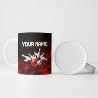 Red Bowling Ball and Pins Design Ceramic Mug with Fiery Smoke Background and Custom Team Name Text - Wonder Print Shop