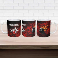 Red Bowling Ball and Pins Design Ceramic Mug with Fiery Smoke Background and Custom Team Name Text - Wonder Print Shop