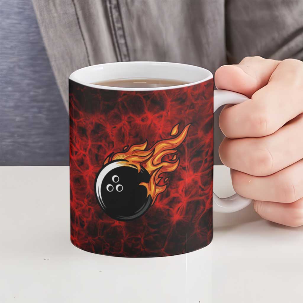 Red Bowling Ball and Pins Design Ceramic Mug with Fiery Smoke Background and Custom Team Name Text - Wonder Print Shop