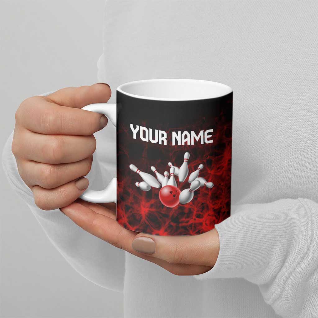 Red Bowling Ball and Pins Design Ceramic Mug with Fiery Smoke Background and Custom Team Name Text - Wonder Print Shop