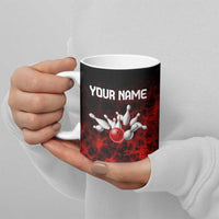 Red Bowling Ball and Pins Design Ceramic Mug with Fiery Smoke Background and Custom Team Name Text - Wonder Print Shop