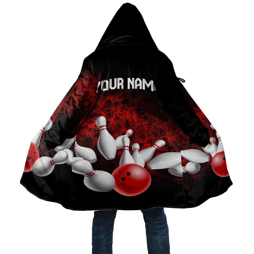 Red Bowling Ball and Pins Design Cloak with Fiery Smoke Background and Custom Team Name Text - Wonder Print Shop