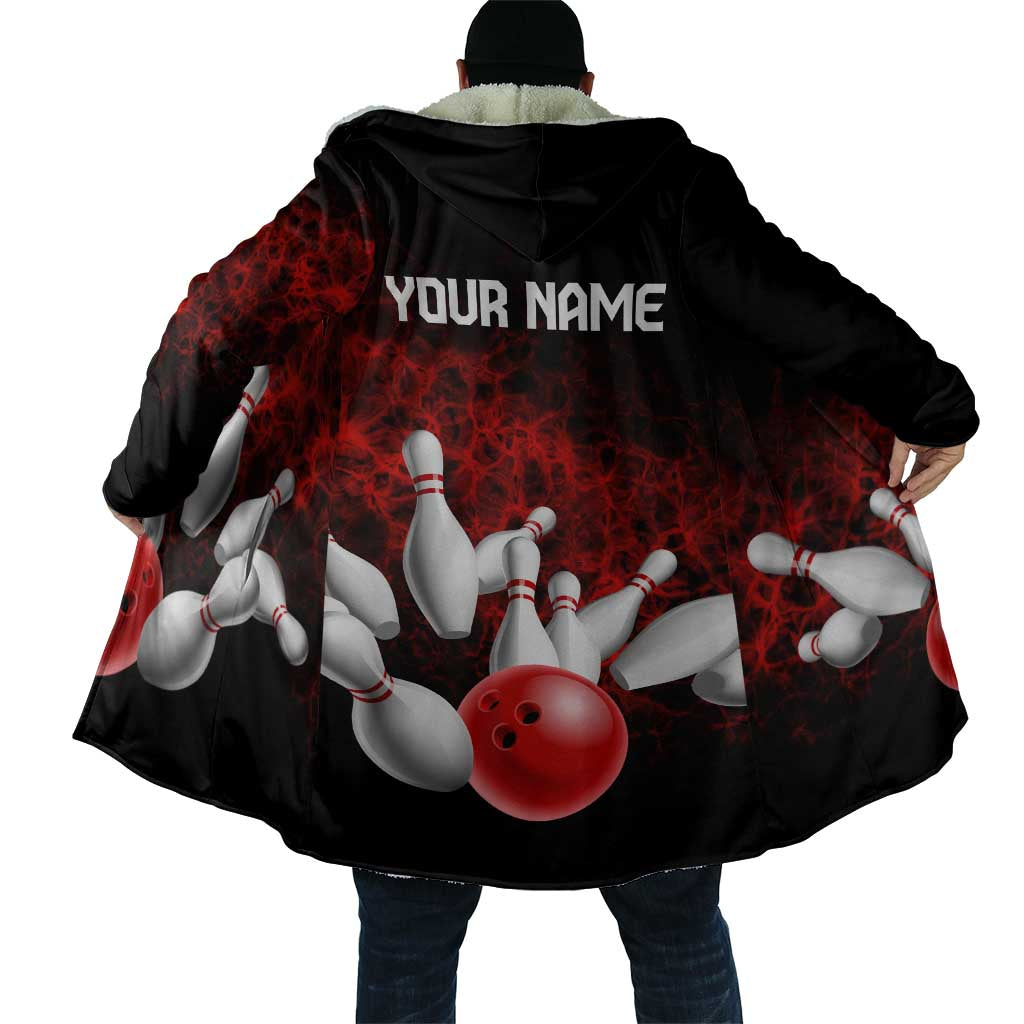 Red Bowling Ball and Pins Design Cloak with Fiery Smoke Background and Custom Team Name Text - Wonder Print Shop