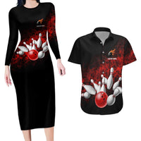 Red Bowling Ball and Pins Design Couples Matching Long Sleeve Bodycon Dress and Hawaiian Shirt with Fiery Smoke Background and Custom Team Name Text - Wonder Print Shop