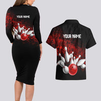 Red Bowling Ball and Pins Design Couples Matching Long Sleeve Bodycon Dress and Hawaiian Shirt with Fiery Smoke Background and Custom Team Name Text - Wonder Print Shop