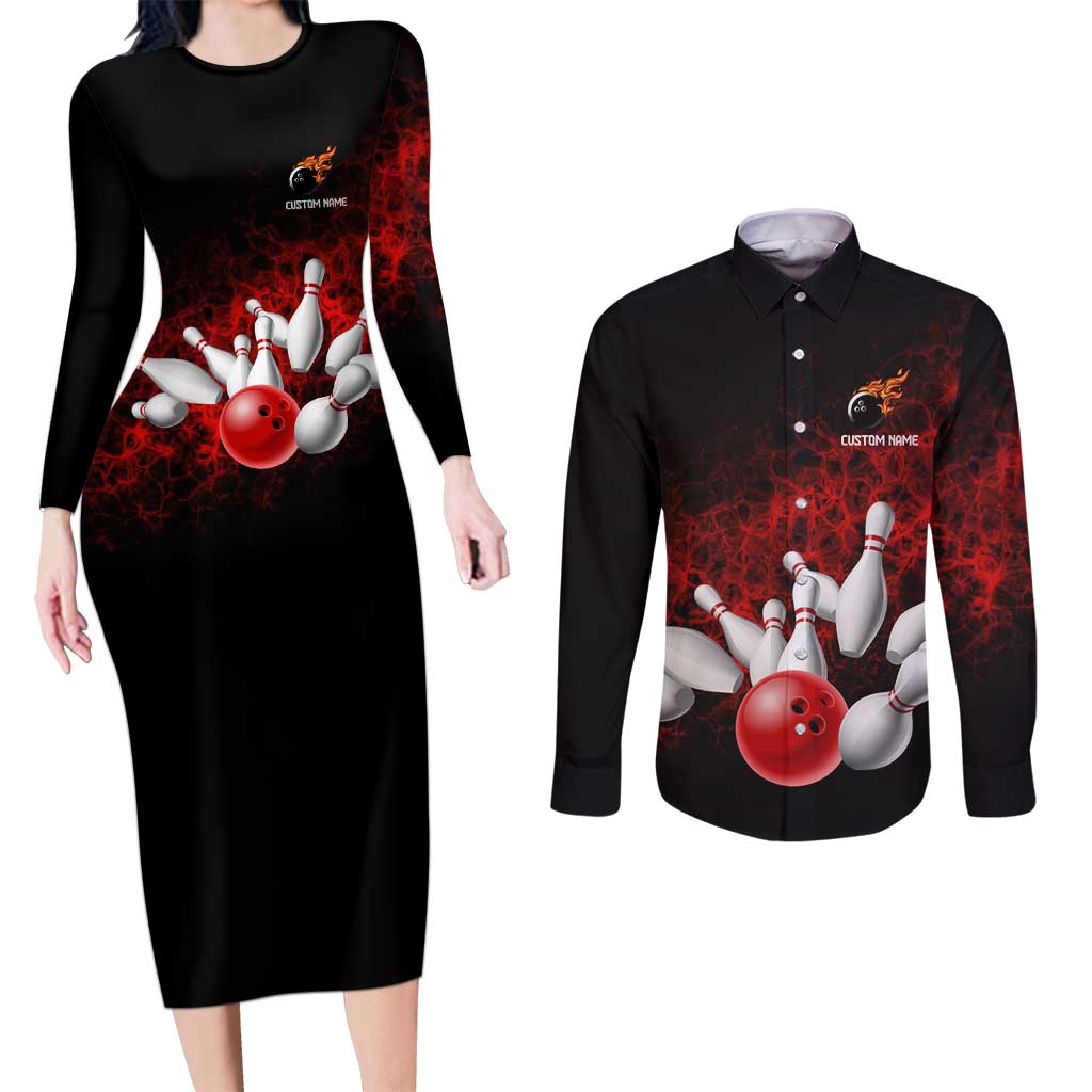 Red Bowling Ball and Pins Design Couples Matching Long Sleeve Bodycon Dress and Long Sleeve Button Shirt with Fiery Smoke Background and Custom Team Name Text - Wonder Print Shop