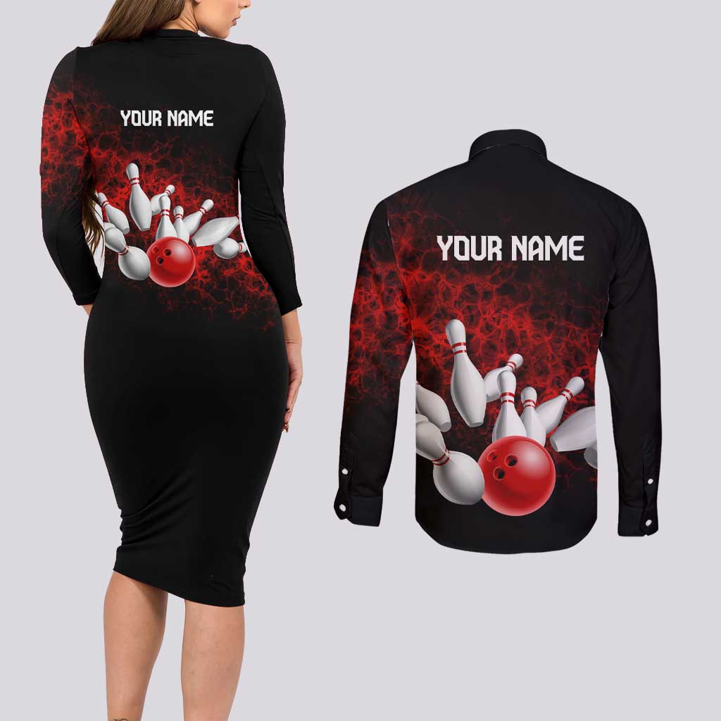 Red Bowling Ball and Pins Design Couples Matching Long Sleeve Bodycon Dress and Long Sleeve Button Shirt with Fiery Smoke Background and Custom Team Name Text - Wonder Print Shop