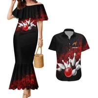 Red Bowling Ball and Pins Design Couples Matching Mermaid Dress and Hawaiian Shirt with Fiery Smoke Background and Custom Team Name Text - Wonder Print Shop