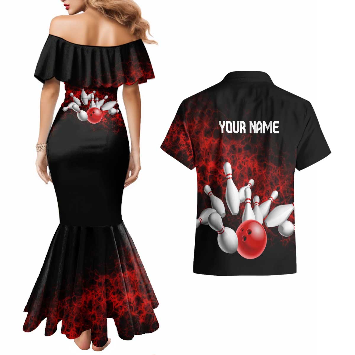 Red Bowling Ball and Pins Design Couples Matching Mermaid Dress and Hawaiian Shirt with Fiery Smoke Background and Custom Team Name Text - Wonder Print Shop