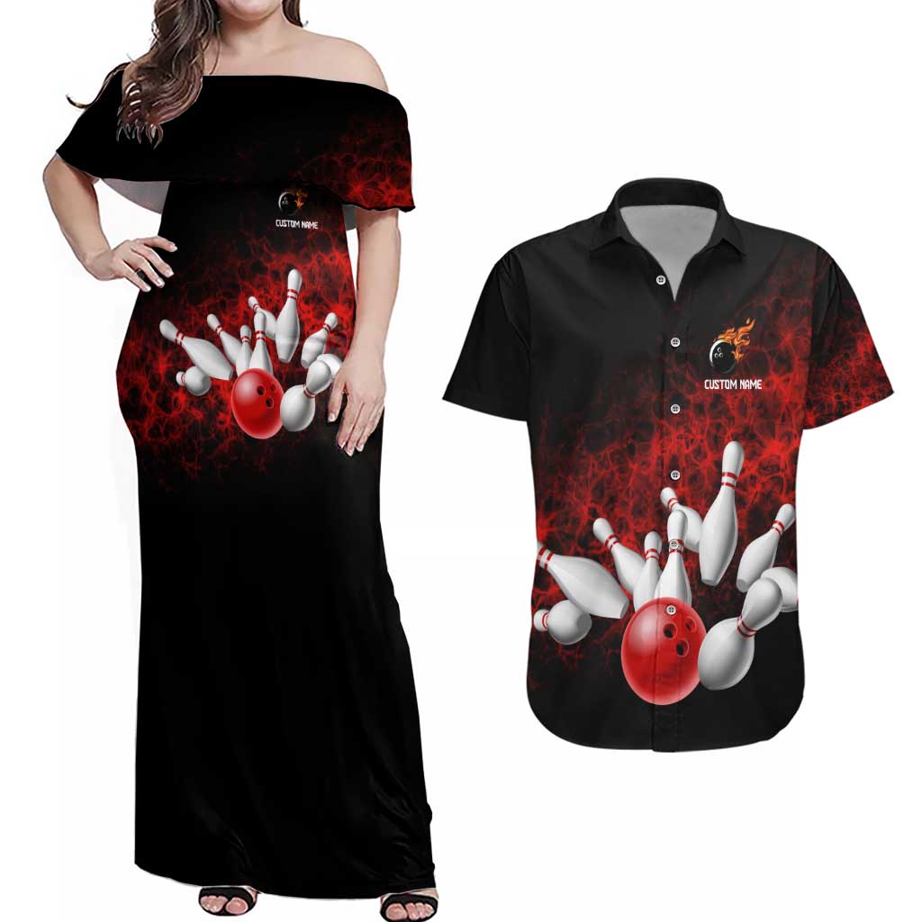 Red Bowling Ball and Pins Design Couples Matching Off Shoulder Maxi Dress and Hawaiian Shirt with Fiery Smoke Background and Custom Team Name Text - Wonder Print Shop