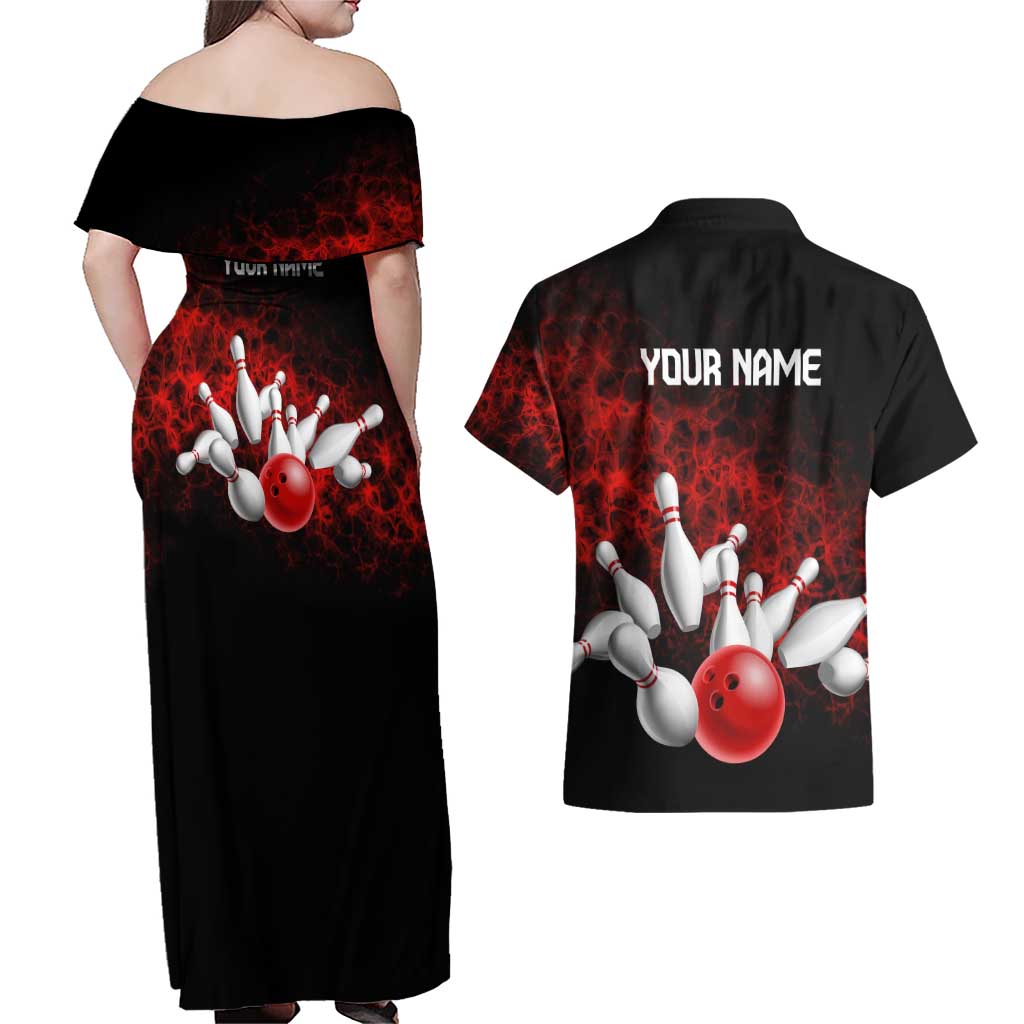 Red Bowling Ball and Pins Design Couples Matching Off Shoulder Maxi Dress and Hawaiian Shirt with Fiery Smoke Background and Custom Team Name Text - Wonder Print Shop