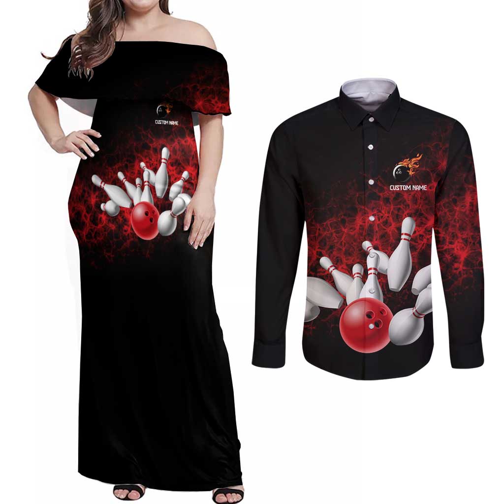 Red Bowling Ball and Pins Design Couples Matching Off Shoulder Maxi Dress and Long Sleeve Button Shirt with Fiery Smoke Background and Custom Team Name Text - Wonder Print Shop