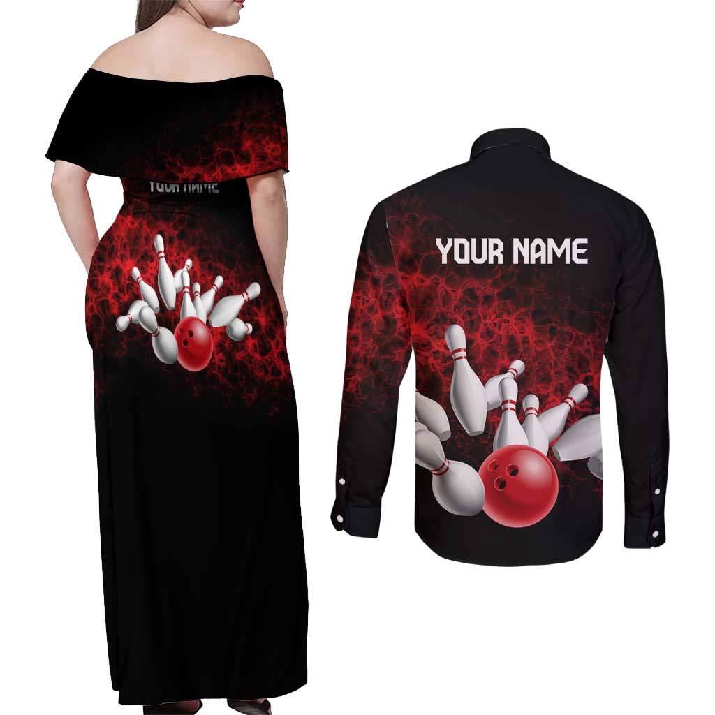 Red Bowling Ball and Pins Design Couples Matching Off Shoulder Maxi Dress and Long Sleeve Button Shirt with Fiery Smoke Background and Custom Team Name Text - Wonder Print Shop