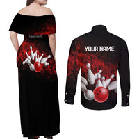 Red Bowling Ball and Pins Design Couples Matching Off Shoulder Maxi Dress and Long Sleeve Button Shirt with Fiery Smoke Background and Custom Team Name Text - Wonder Print Shop