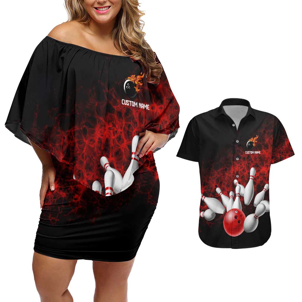 Red Bowling Ball and Pins Design Couples Matching Off Shoulder Short Dress and Hawaiian Shirt with Fiery Smoke Background and Custom Team Name Text - Wonder Print Shop