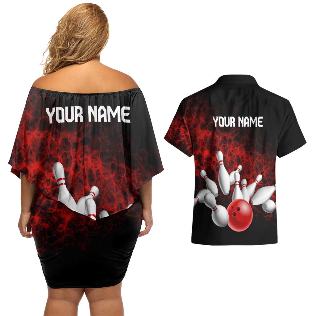 Red Bowling Ball and Pins Design Couples Matching Off Shoulder Short Dress and Hawaiian Shirt with Fiery Smoke Background and Custom Team Name Text - Wonder Print Shop