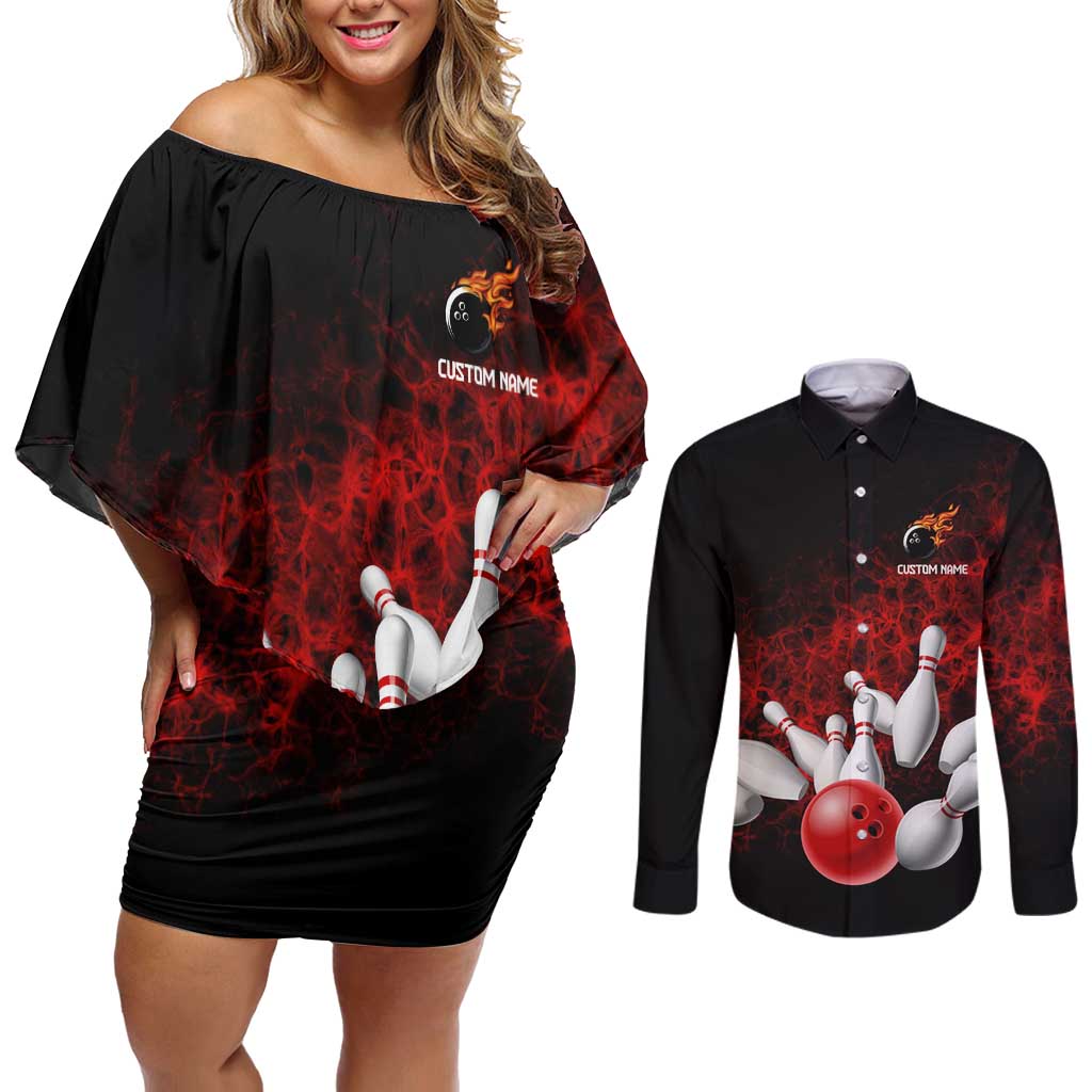 Red Bowling Ball and Pins Design Couples Matching Off Shoulder Short Dress and Long Sleeve Button Shirt with Fiery Smoke Background and Custom Team Name Text - Wonder Print Shop