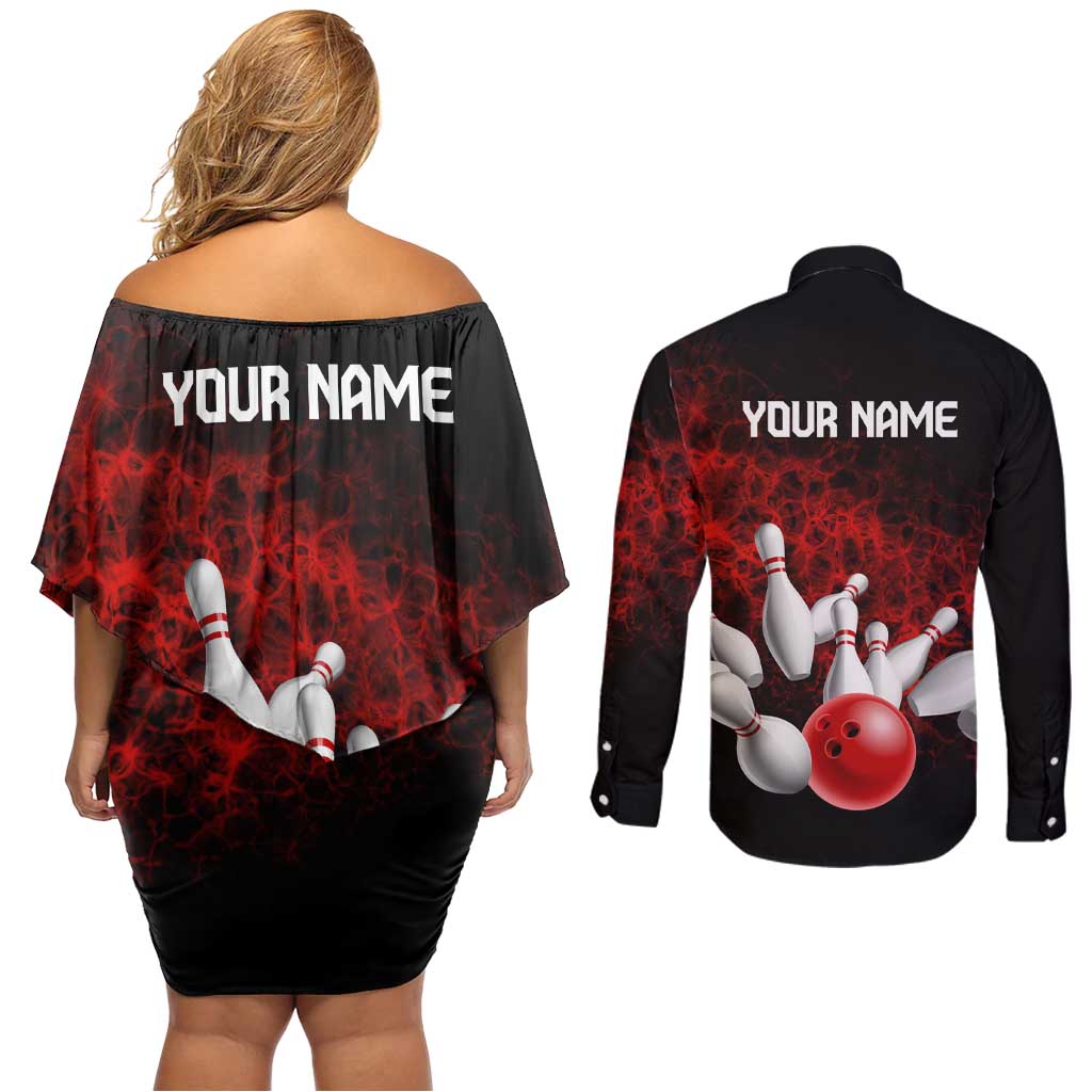Red Bowling Ball and Pins Design Couples Matching Off Shoulder Short Dress and Long Sleeve Button Shirt with Fiery Smoke Background and Custom Team Name Text - Wonder Print Shop