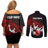 Red Bowling Ball and Pins Design Couples Matching Off Shoulder Short Dress and Long Sleeve Button Shirt with Fiery Smoke Background and Custom Team Name Text - Wonder Print Shop