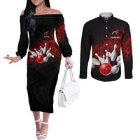 Red Bowling Ball and Pins Design Couples Matching Off The Shoulder Long Sleeve Dress and Long Sleeve Button Shirt with Fiery Smoke Background and Custom Team Name Text - Wonder Print Shop